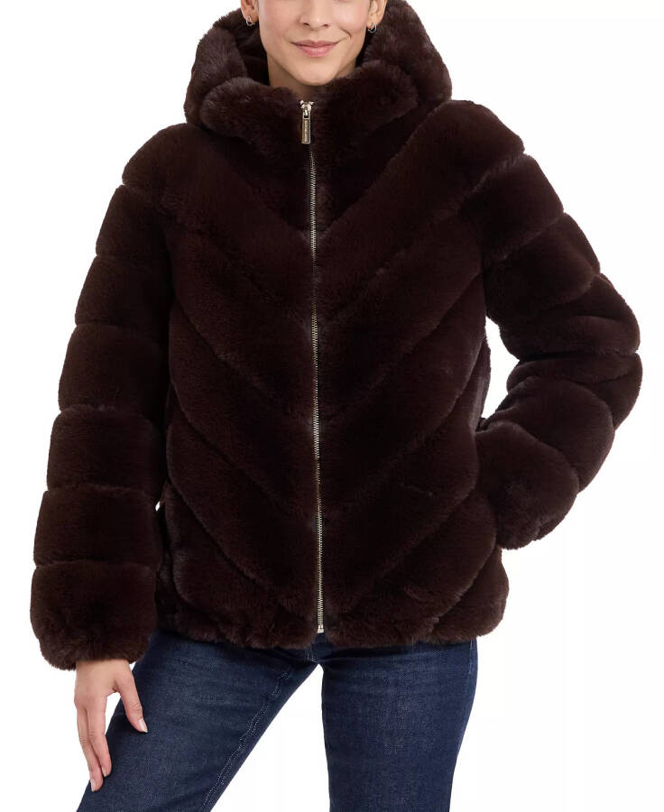 Women's Hooded Faux-Fur Coat Chocolate - 1