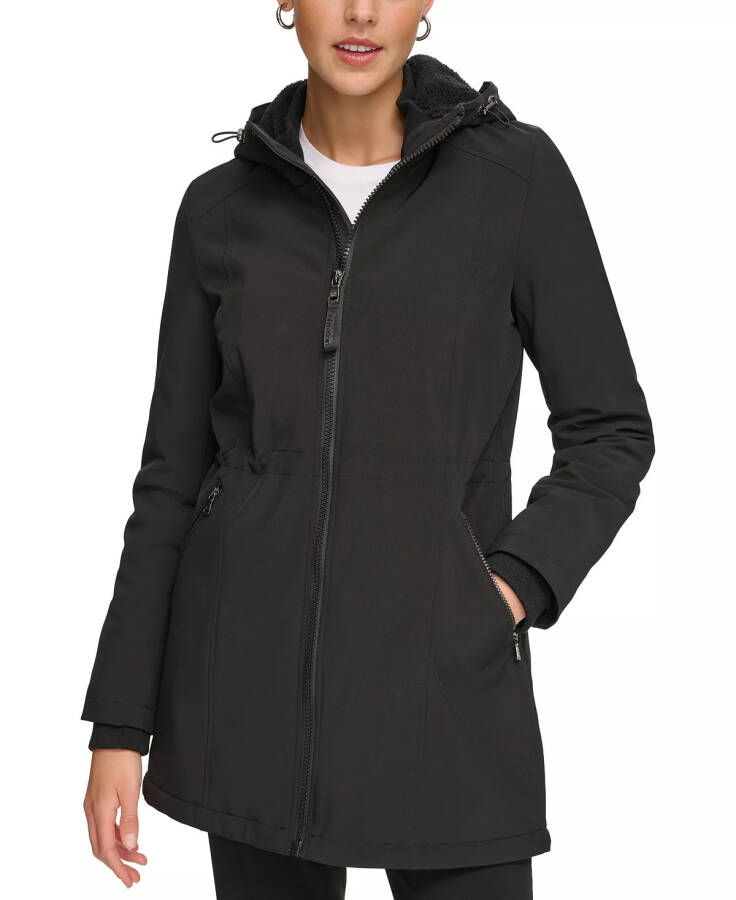 Womens Hooded Faux-Fur-Lined Anorak Raincoat Black - 1