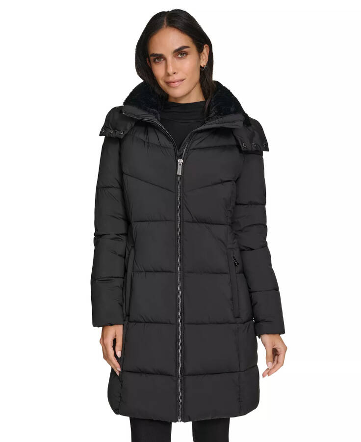 Women's Hooded Faux-Fur-Lined Midi Puffer Coat Black - 1