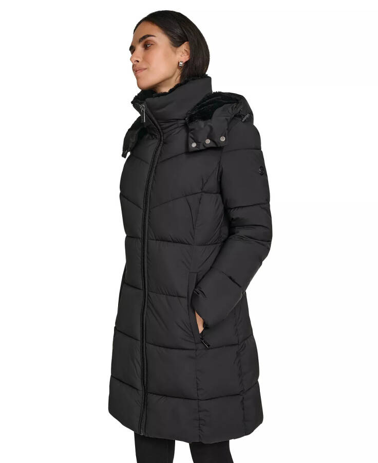 Women's Hooded Faux-Fur-Lined Midi Puffer Coat Black - 3