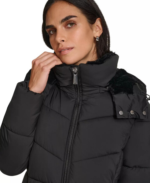 Women's Hooded Faux-Fur-Lined Midi Puffer Coat Black - 4