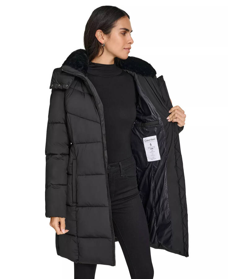 Women's Hooded Faux-Fur-Lined Midi Puffer Coat Black - 5