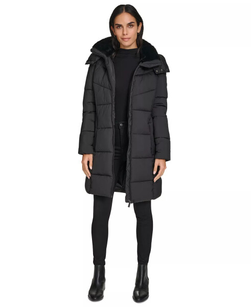 Women's Hooded Faux-Fur-Lined Midi Puffer Coat Black - 6