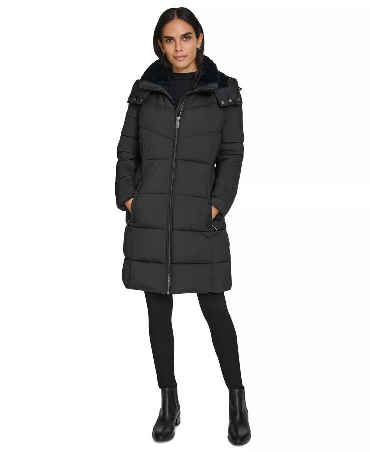 Women's Hooded Faux-Fur-Lined Midi Puffer Coat Black - 7