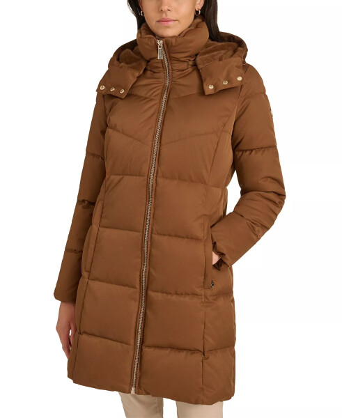 Women's Hooded Faux-Fur-Lined Midi Puffer Coat Chestnut - 1