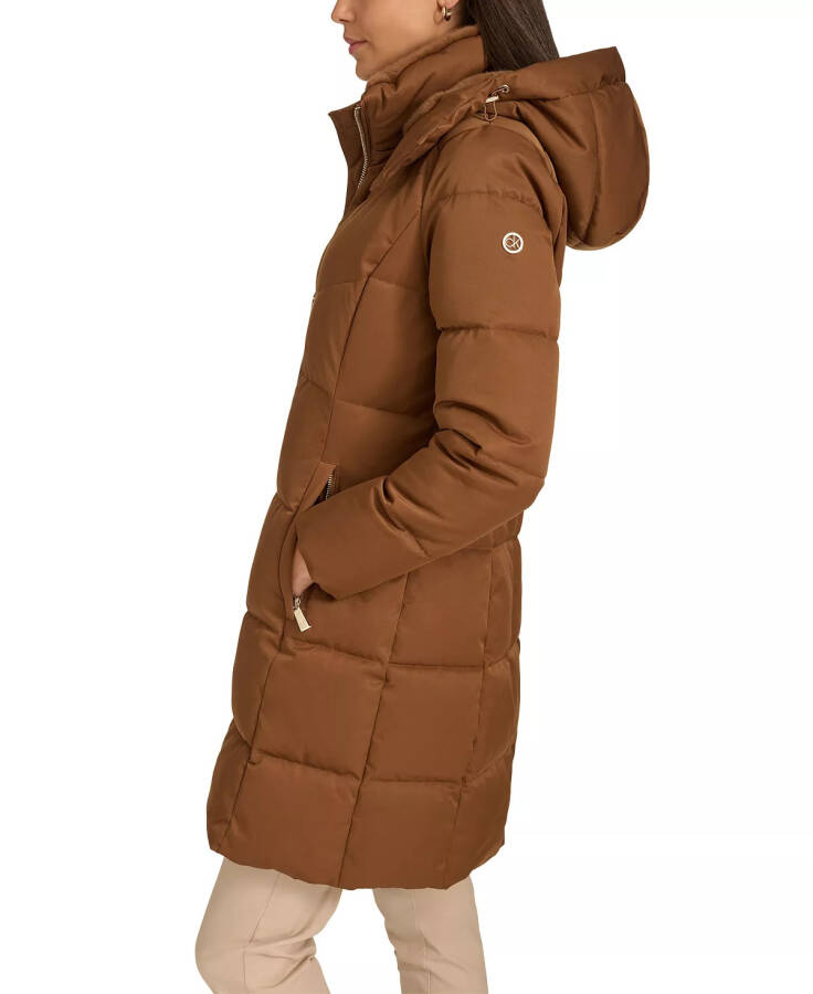 Women's Hooded Faux-Fur-Lined Midi Puffer Coat Chestnut - 3