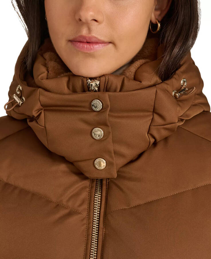 Women's Hooded Faux-Fur-Lined Midi Puffer Coat Chestnut - 4