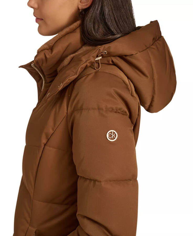 Women's Hooded Faux-Fur-Lined Midi Puffer Coat Chestnut - 5