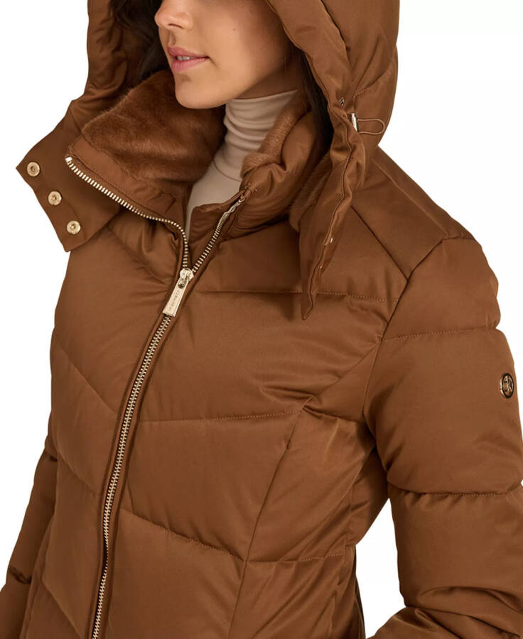 Women's Hooded Faux-Fur-Lined Midi Puffer Coat Chestnut - 6