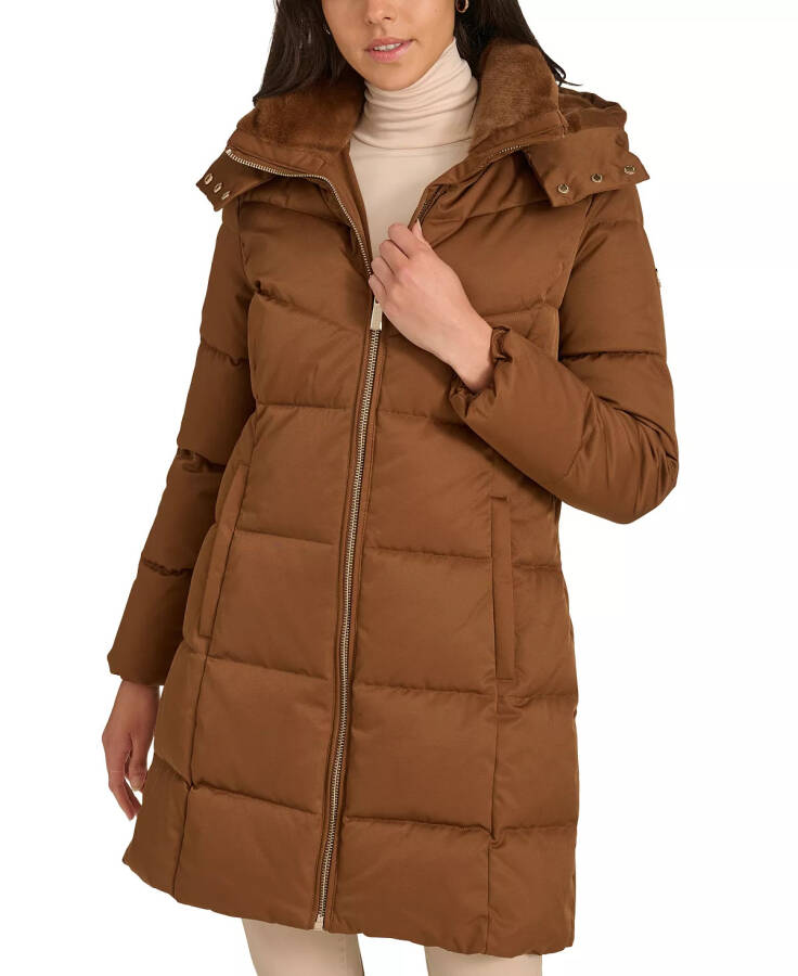 Women's Hooded Faux-Fur-Lined Midi Puffer Coat Chestnut - 7