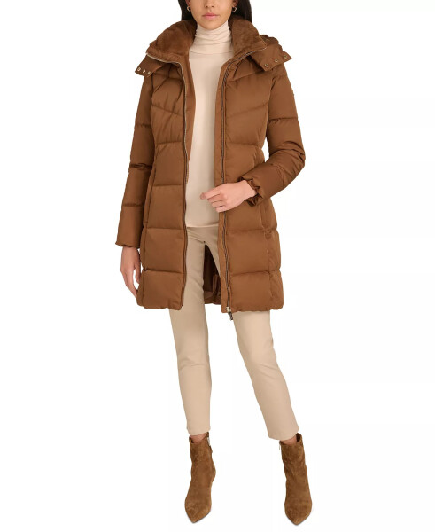 Women's Hooded Faux-Fur-Lined Midi Puffer Coat Chestnut - 8