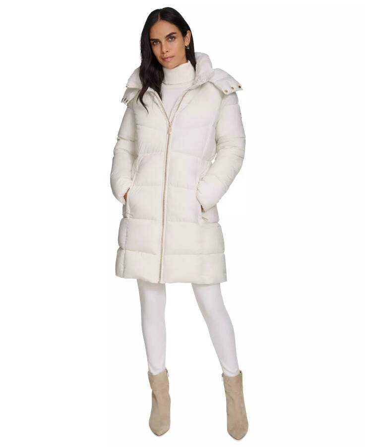 Women's Hooded Faux-Fur-Lined Midi Puffer Coat Eggshell - 1