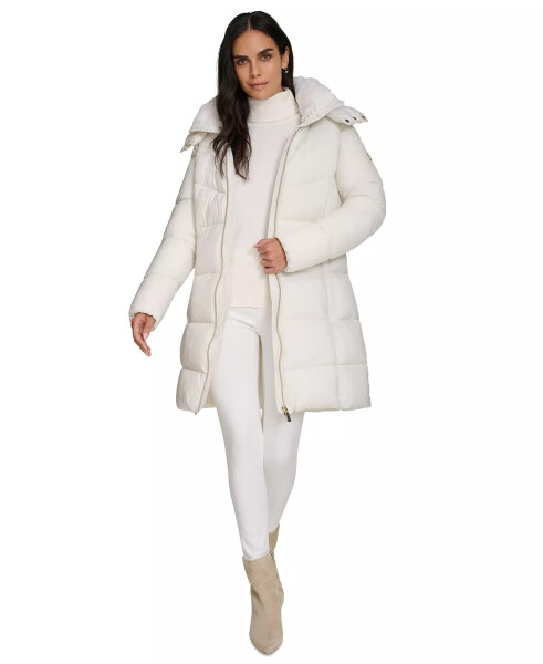 Women's Hooded Faux-Fur-Lined Midi Puffer Coat Eggshell - 6