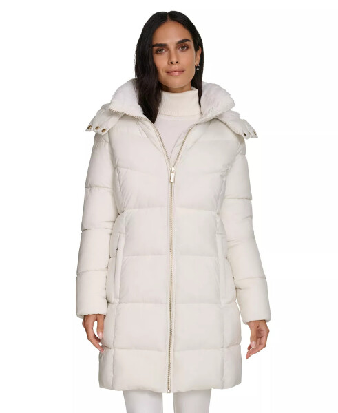 Women's Hooded Faux-Fur-Lined Midi Puffer Coat Eggshell - 7