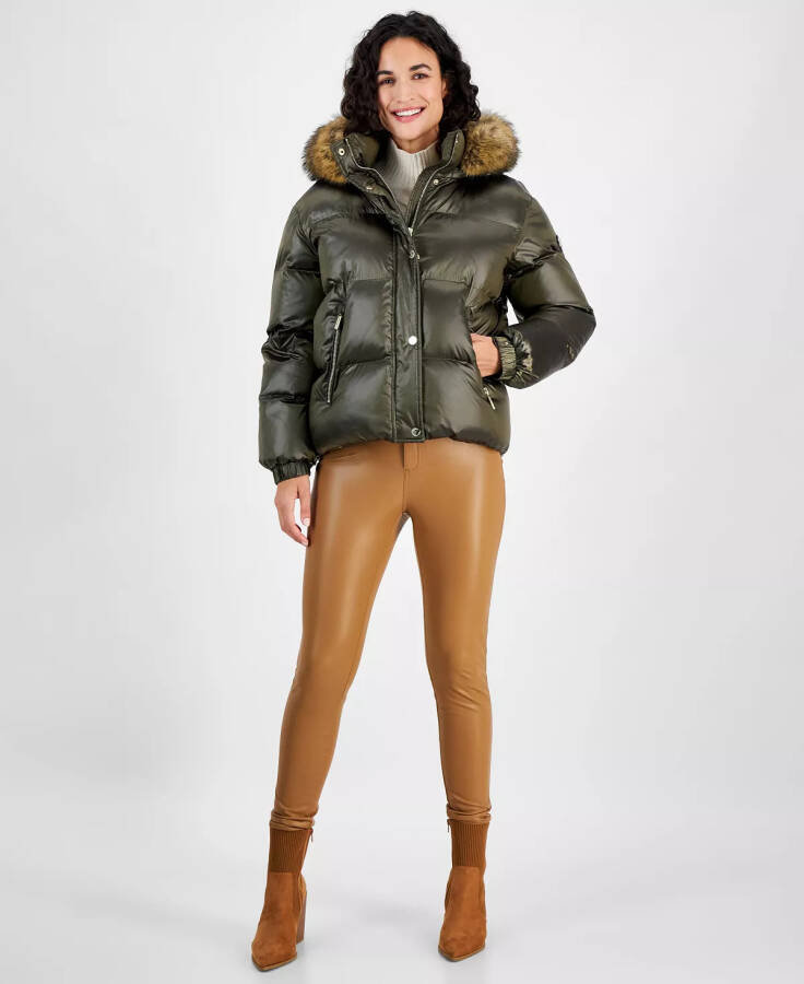 Women's Hooded Faux-Fur-Trim Puffer Coat, Created for Modazone Olive - 1