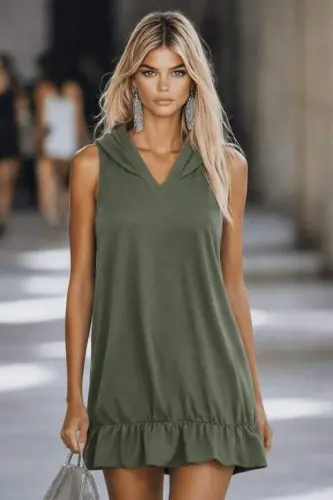 Women's Hooded Off-Shoulder Ruffled Hem Short Modal Dress - 4