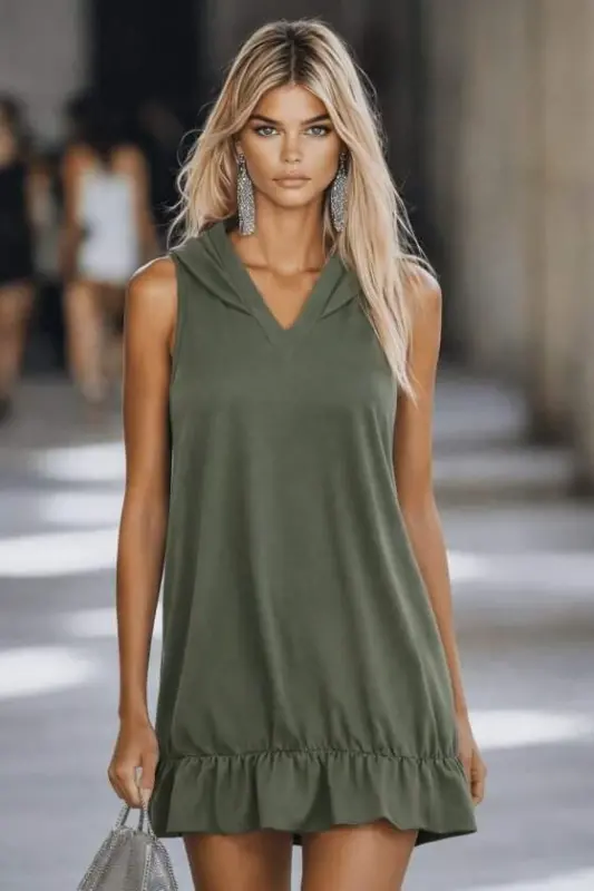 Women's Hooded Off-Shoulder Ruffled Hem Short Modal Dress - 4