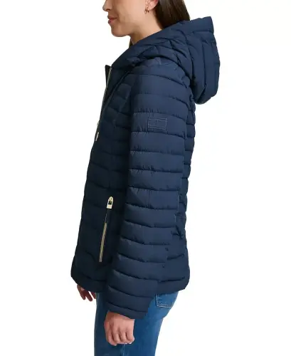 Women's Hooded Packable Puffer Coat-Navy - 3