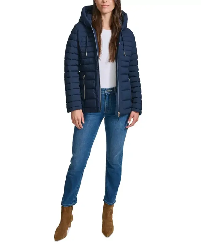 Women's Hooded Packable Puffer Coat-Navy - 6