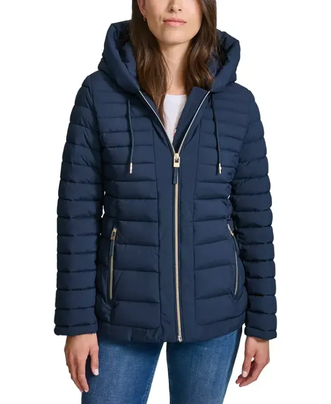Women's Hooded Packable Puffer Coat - Navy - 1