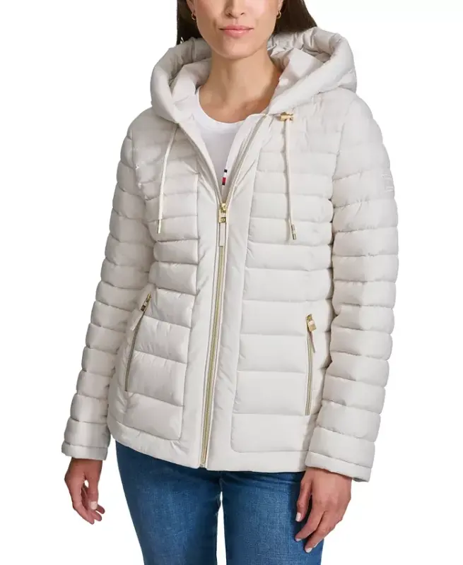 Women's Hooded Packable Puffer Coat-White Sand - 1