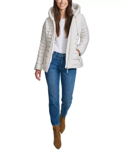 Women's Hooded Packable Puffer Coat-White Sand - 6