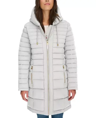 Women's Hooded Packable Puffer Coat - White Sand - 3