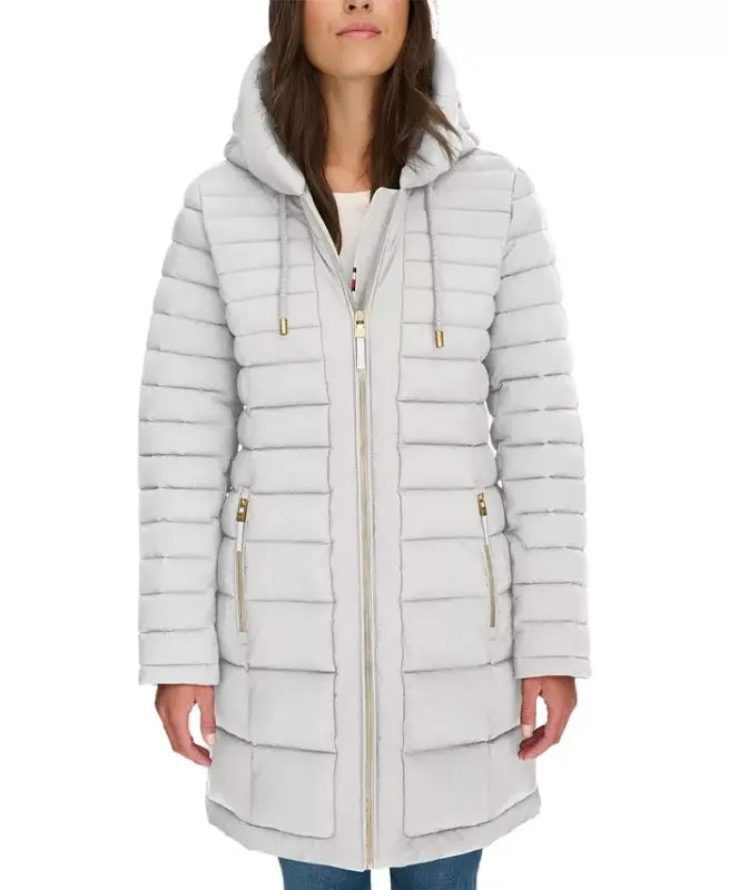 Women's Hooded Packable Puffer Coat - White Sand - 3