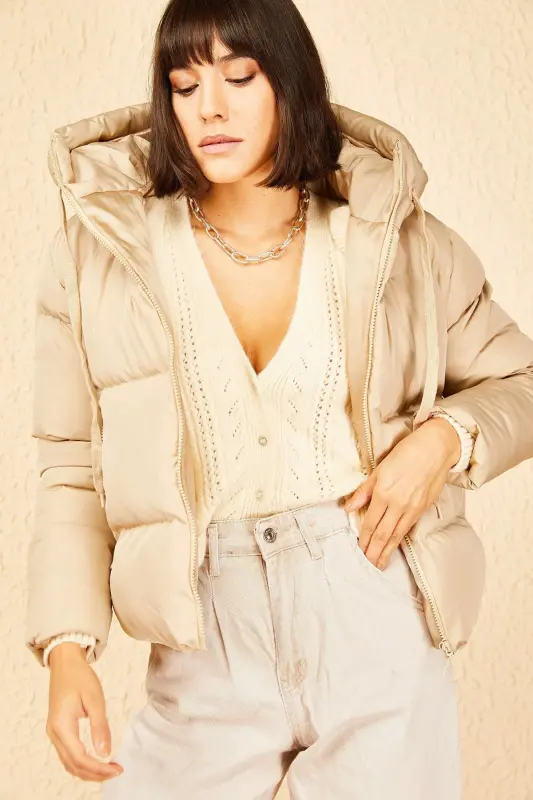 Women's Hooded Padded Jacket-Camel - 6