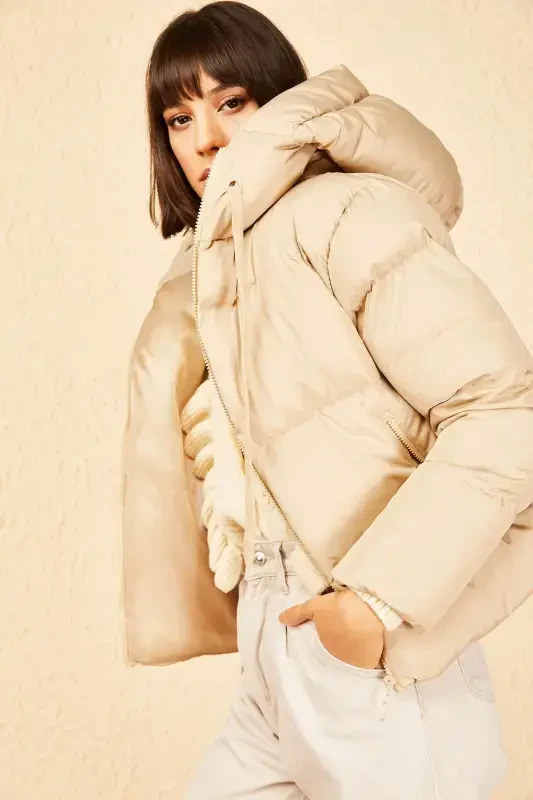 Women's Hooded Padded Jacket-Camel - BIANCO LUCCI