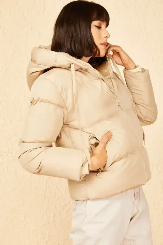 Women's Hooded Padded Jacket-Camel - 3