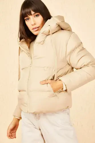 Women's Hooded Padded Jacket-Camel - 5