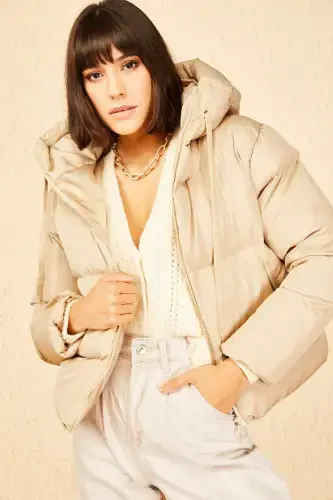 Women's Hooded Padded Jacket-Camel - 7