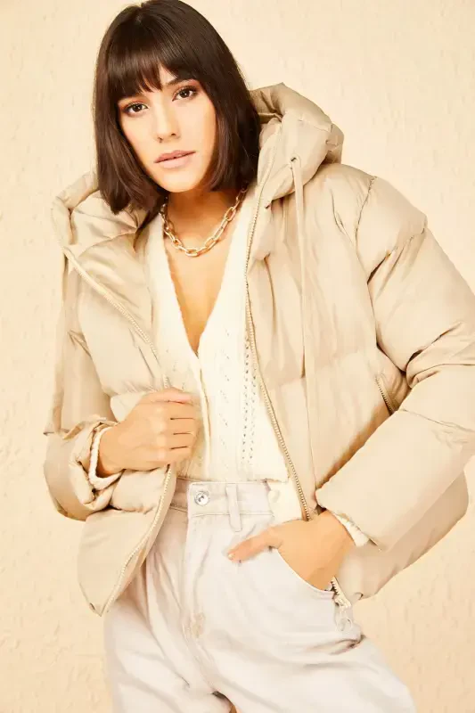 Women's Hooded Padded Jacket-Camel - 7