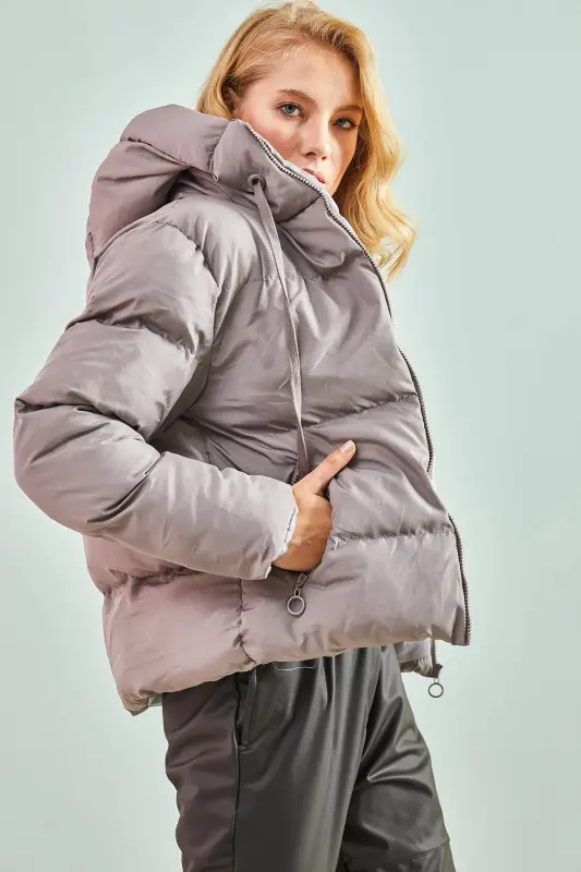 Women's Hooded Puffer Jacket-Dark Gray - BIANCO LUCCI