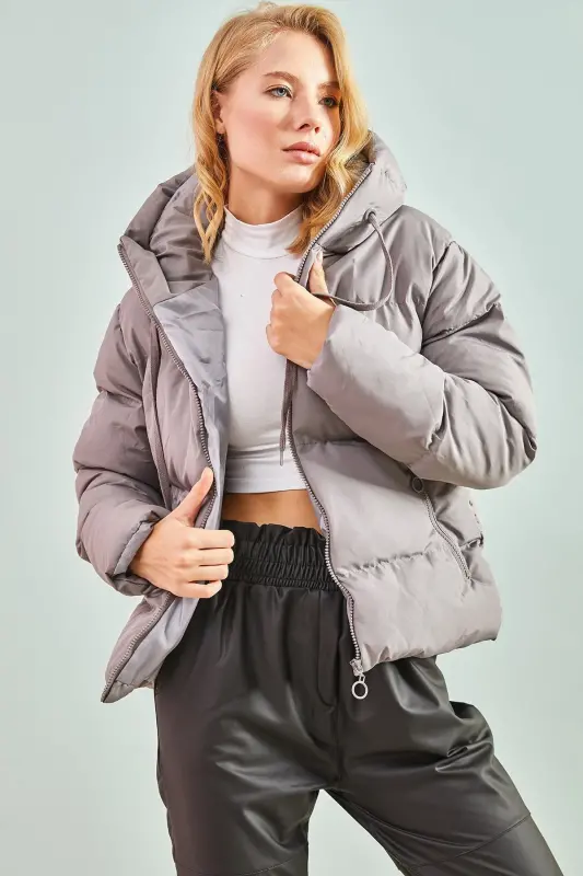 Women's Hooded Puffer Jacket-Dark Gray - 2
