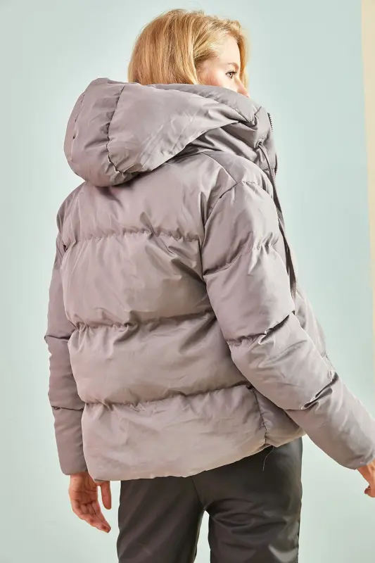 Women's Hooded Puffer Jacket-Dark Gray - 6