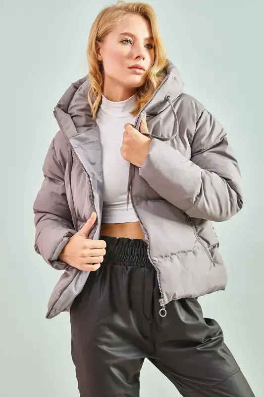 Women's Hooded Puffer Jacket-Dark Gray - 2