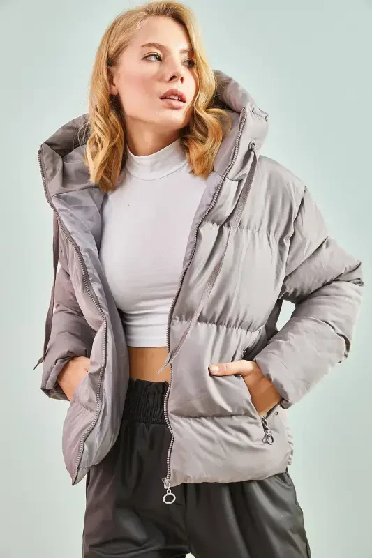 Women's Hooded Puffer Jacket-Dark Gray - 3