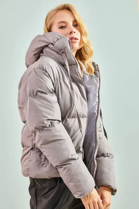 Women's Hooded Puffer Jacket-Dark Gray - 4