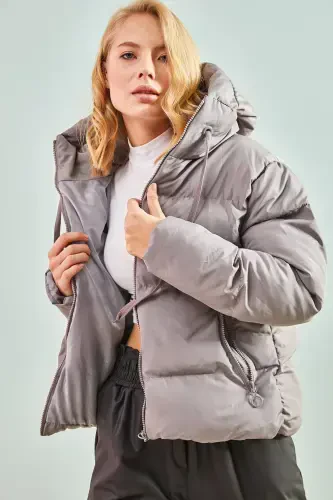 Women's Hooded Puffer Jacket-Dark Gray - 5