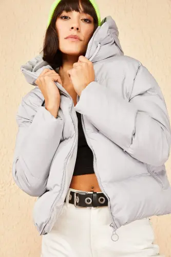 Women's Hooded Puffer Jacket-Gray - BIANCO LUCCI (1)