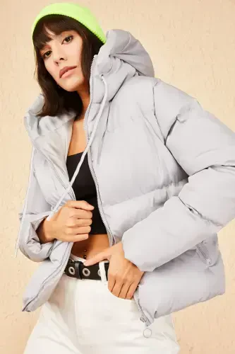 Women's Hooded Puffer Jacket-Gray - 1