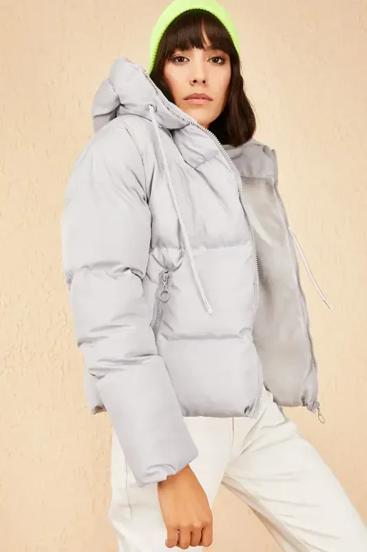 Women's Hooded Puffer Jacket-Gray - 4