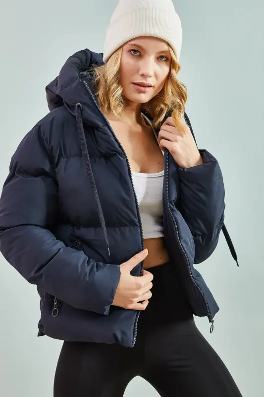 Women's Hooded Puffer Jacket-Navy Blue - BIANCO LUCCI