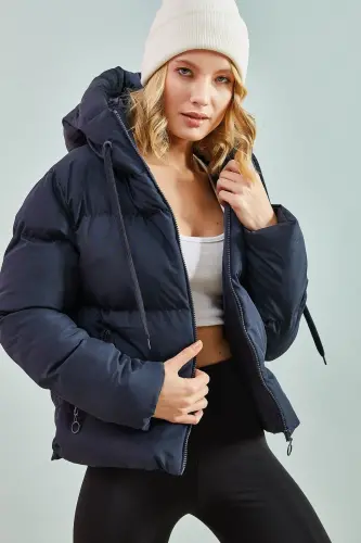 Women's Hooded Puffer Jacket-Navy Blue 