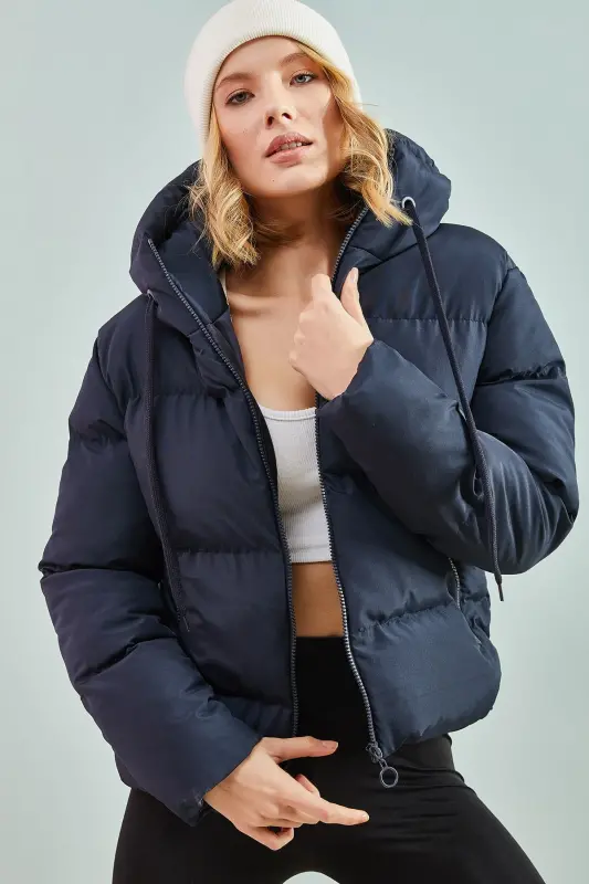 Women's Hooded Puffer Jacket-Navy Blue - 2