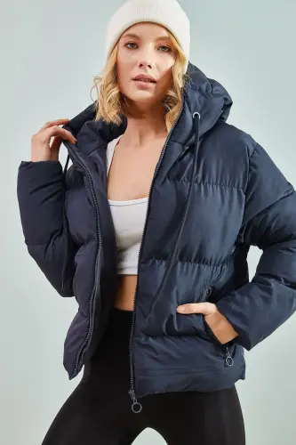 Women's Hooded Puffer Jacket-Navy Blue - 3