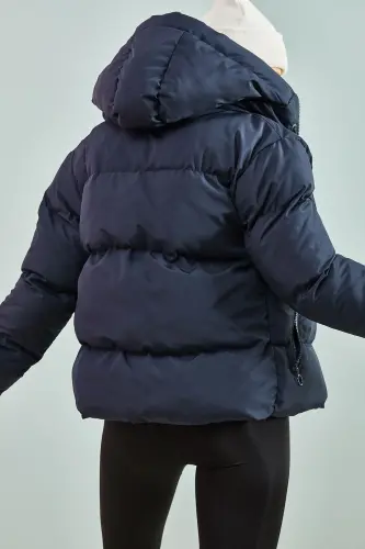 Women's Hooded Puffer Jacket-Navy Blue - 4