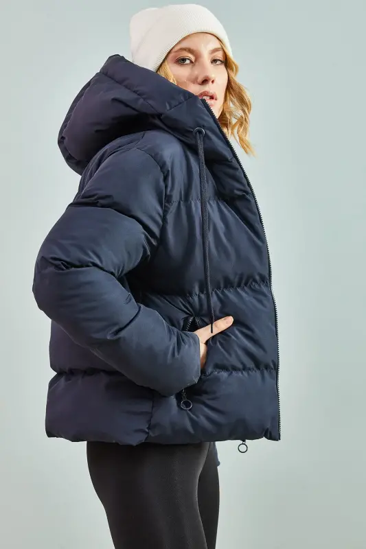 Women's Hooded Puffer Jacket-Navy Blue - 5